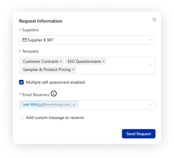 Request information form showing supplier selection, ESG templates, and email recipients